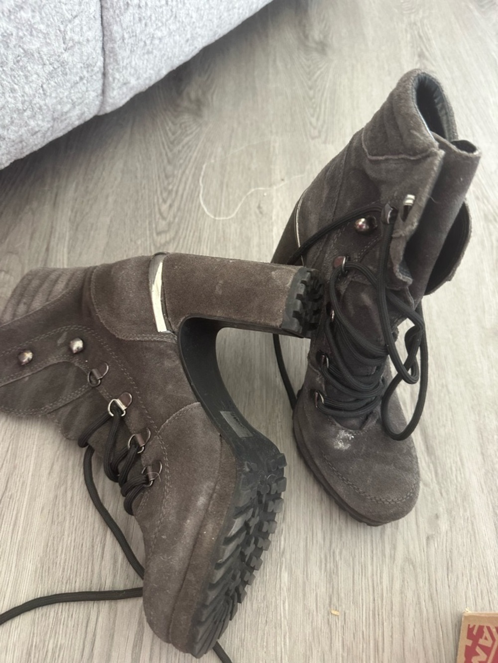 DKNY Dark Brown Suede Lace-Up Chunky Heel Combat Boots